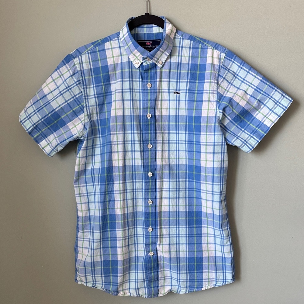 Vineyard Vines Blue and White Plaid Button Down WHALE Shirt YOUTH XL